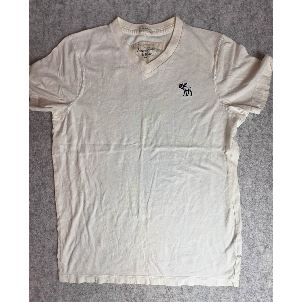 Abercrombie & Fitch Mens V-Neck T-Shirt White Embroidered Moose Logo Size M